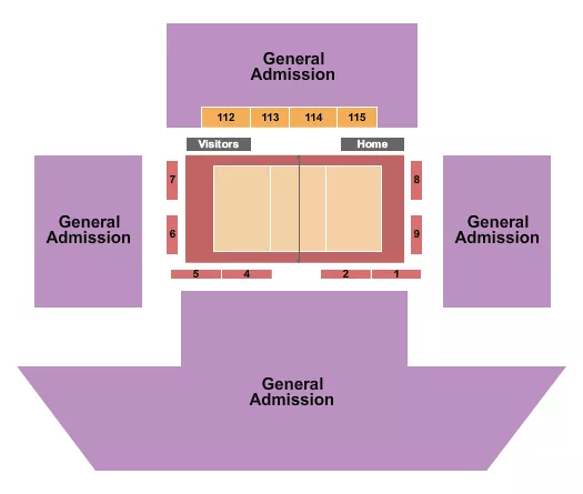 Volleyball Seating Chart at Broadview Arena. The chart shows the main floor/stage with seating options surrounding it, which are color coded