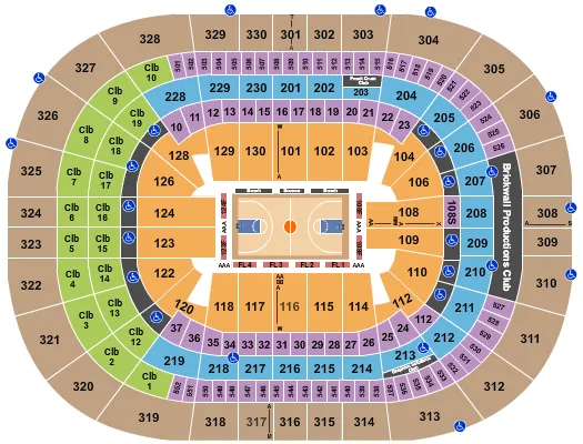 Basketball 2 Seating Chart at Benchmark International Arena. The chart shows the main floor/stage with seating options surrounding it, which are color coded