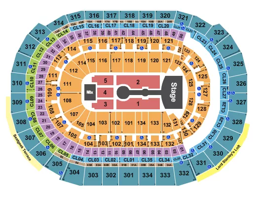 Ariana Grande Seating Chart at Amerant Bank Arena. The chart shows the main floor/stage with seating options surrounding it, which are color coded