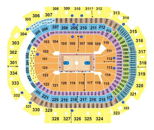 Basketball Seating Chart at American Airlines Center. The chart shows the main floor/stage with seating options surrounding it, which are color coded