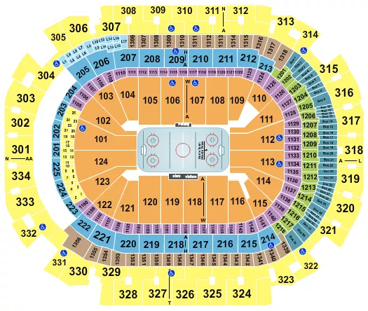 Hockey Seating Chart at American Airlines Center. The chart shows the main floor/stage with seating options surrounding it, which are color coded