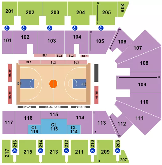 Basketball 2 Seating Chart at American Bank Center. The chart shows the main floor/stage with seating options surrounding it, which are color coded