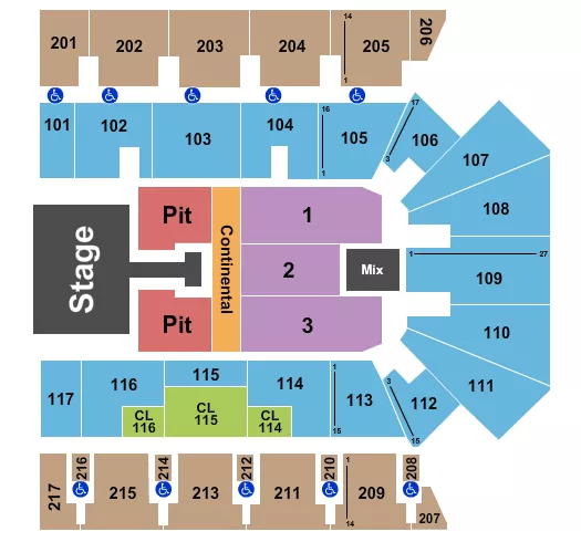 Brad Paisley Seating Chart at Hilliard Center Arena. The chart shows the main floor/stage with seating options surrounding it, which are color coded