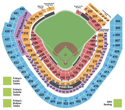 Baseball Seating Chart at American Family Field. The chart shows the main floor/stage with seating options surrounding it, which are color coded