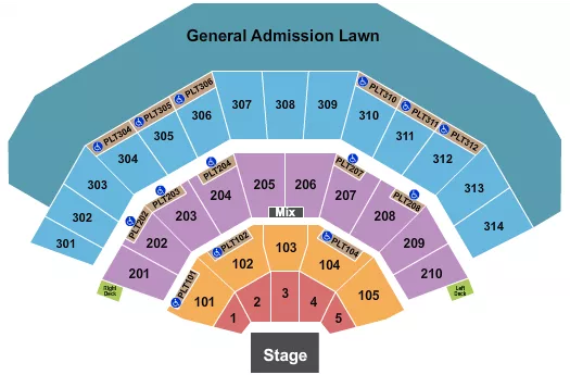 Endstage Seating Chart at American Family Insurance Amphitheater. The chart shows the main floor/stage with seating options surrounding it, which are color coded
