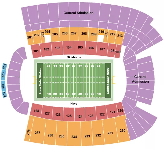 Armed Forces Bowl Seating Chart at Amon Carter Stadium. The chart shows the main floor/stage with seating options surrounding it, which are color coded