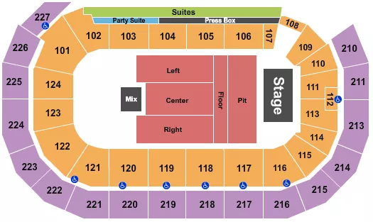 Endstage Pit 1 Seating Chart at AMSOIL Arena At DECC. The chart shows the main floor/stage with seating options surrounding it, which are color coded