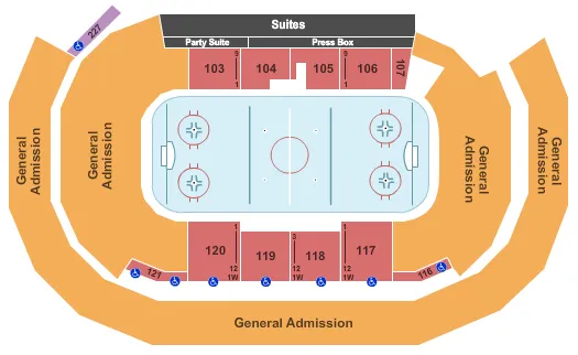 Hockey - GA Bowl Seating Chart at AMSOIL Arena At DECC. The chart shows the main floor/stage with seating options surrounding it, which are color coded