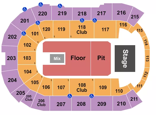 Endstage GA Pit Seating Chart at Angel of the Winds Arena. The chart shows the main floor/stage with seating options surrounding it, which are color coded