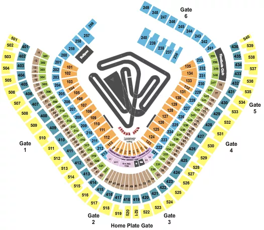 AMA Supercross Championship Seating Chart at Angel Stadium. The chart shows the main floor/stage with seating options surrounding it, which are color coded