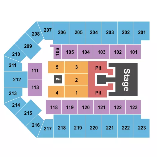 Bailey Zimmerman Seating Chart at Appalachian Wireless Arena. The chart shows the main floor/stage with seating options surrounding it, which are color coded