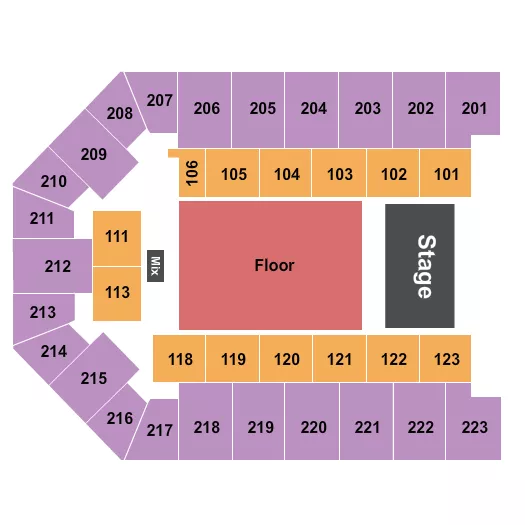 Endstage GA Flr 2 Seating Chart at Appalachian Wireless Arena. The chart shows the main floor/stage with seating options surrounding it, which are color coded