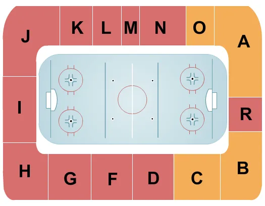 Hockey Seating Chart at Appleton Arena. The chart shows the main floor/stage with seating options surrounding it, which are color coded