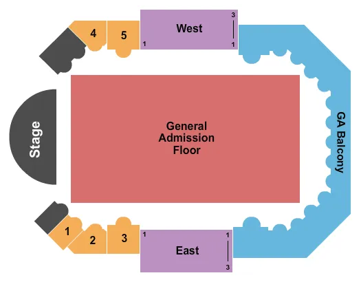 Endstage - GA Flr & GA Balc Seating Chart at Byline Bank Aragon Ballroom. The chart shows the main floor/stage with seating options surrounding it, which are color coded