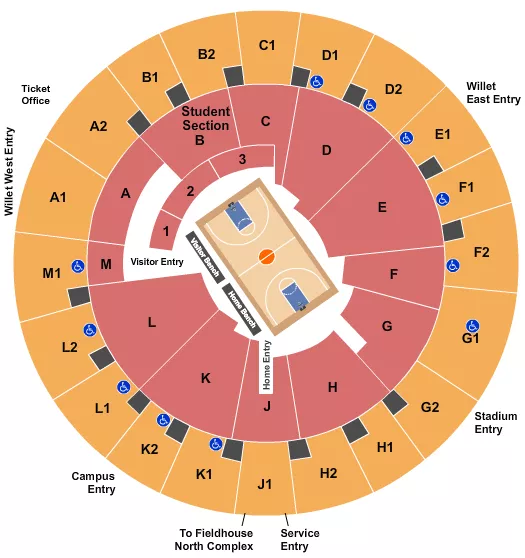 Basketball Seating Chart at Arena Auditorium. The chart shows the main floor/stage with seating options surrounding it, which are color coded