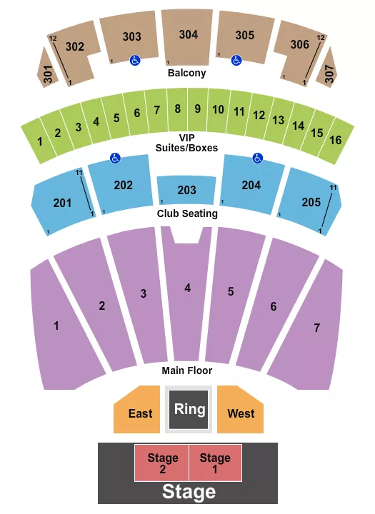 Boxing Seating Chart at Arizona Financial Theatre. The chart shows the main floor/stage with seating options surrounding it, which are color coded