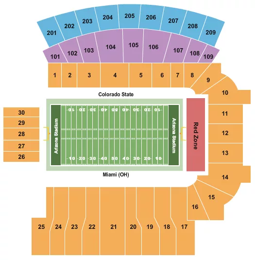 Arizona Bowl Seating Chart at Arizona Stadium. The chart shows the main floor/stage with seating options surrounding it, which are color coded