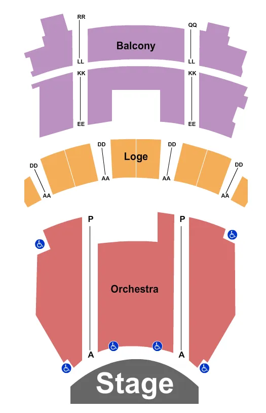 End Stage Seating Chart at Arkley Center. The chart shows the main floor/stage with seating options surrounding it, which are color coded