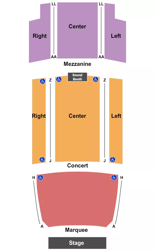 Endstage 2 Seating Chart at Arlington Music Hall. The chart shows the main floor/stage with seating options surrounding it, which are color coded