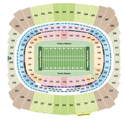 Football - Row Objects Seating Chart at Arrowhead Stadium. The chart shows the main floor/stage with seating options surrounding it, which are color coded