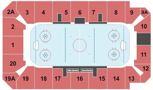 Hockey Seating Chart at Art Hauser Centre. The chart shows the main floor/stage with seating options surrounding it, which are color coded