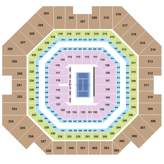 Tennis 3 Seating Chart at Arthur Ashe Stadium. The chart shows the main floor/stage with seating options surrounding it, which are color coded