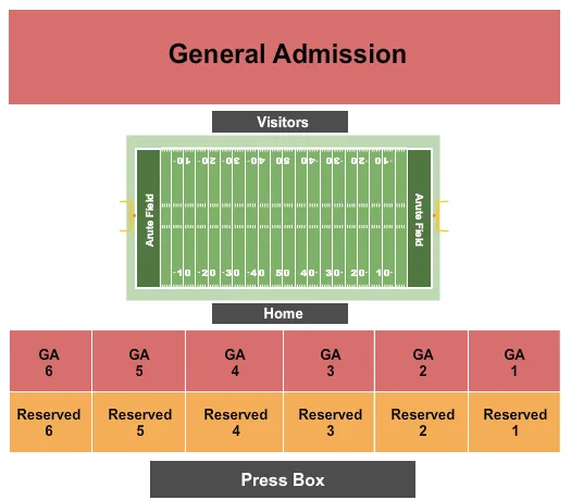 Football Seating Chart at Arute Field. The chart shows the main floor/stage with seating options surrounding it, which are color coded