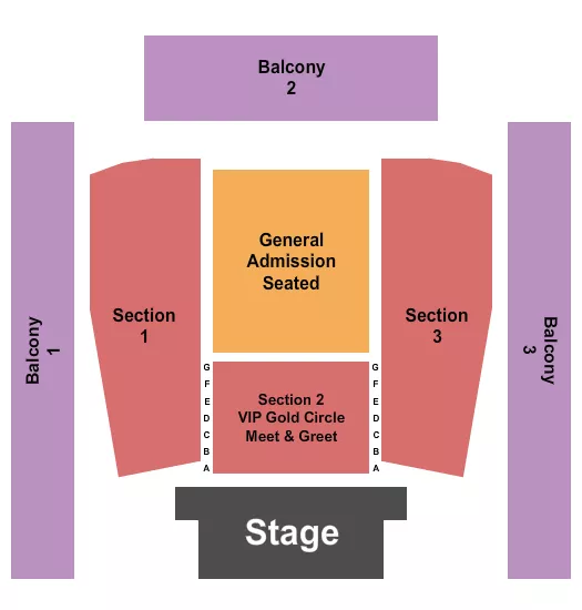 Endstage Gold Circle Row G Seating Chart at Asbury Hall at Babeville. The chart shows the main floor/stage with seating options surrounding it, which are color coded