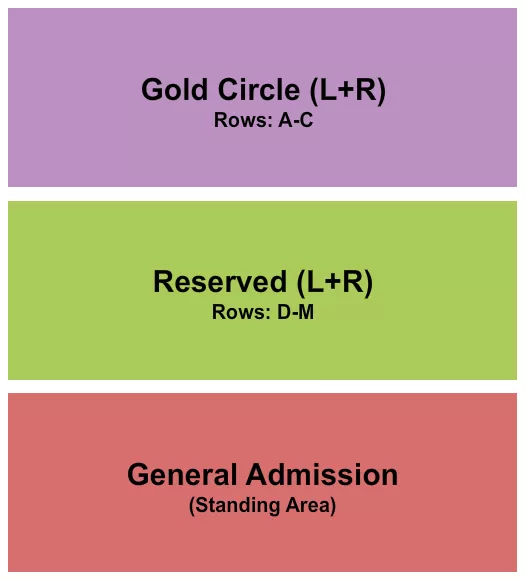 Endstage GC Seating Chart at Asheville Yards Amphitheater. The chart shows the main floor/stage with seating options surrounding it, which are color coded