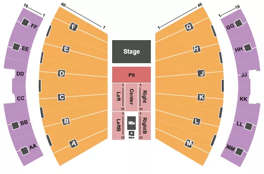 Endstage Pit Seating Chart at Assembly Hall. The chart shows the main floor/stage with seating options surrounding it, which are color coded