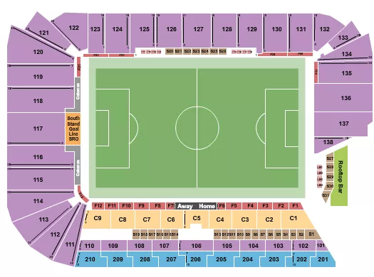 Club World Cup Seating Chart at Audi Field. The chart shows the main floor/stage with seating options surrounding it, which are color coded