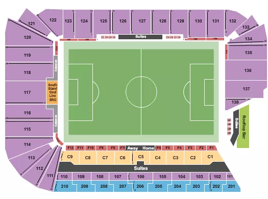 Soccer 3 Seating Chart at Audi Field. The chart shows the main floor/stage with seating options surrounding it, which are color coded