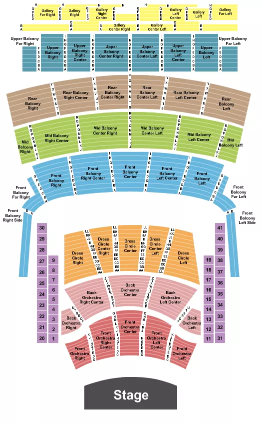 Endstage No Pit - Row C Seating Chart at Auditorium Theatre. The chart shows the main floor/stage with seating options surrounding it, which are color coded