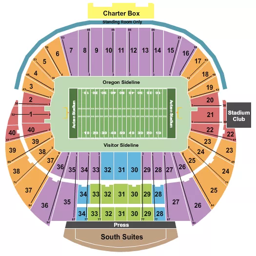 Football Seating Chart at Autzen Stadium. The chart shows the main floor/stage with seating options surrounding it, which are color coded