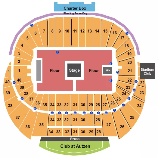 Zach Bryan Seating Chart at Autzen Stadium. The chart shows the main floor/stage with seating options surrounding it, which are color coded