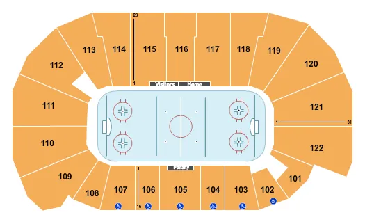 Hockey Seating Chart at Avenir Centre. The chart shows the main floor/stage with seating options surrounding it, which are color coded