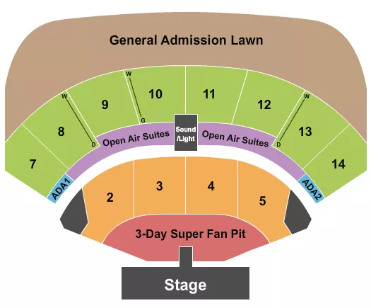 Country Stampede Seating Chart at Azura Amphitheater. The chart shows the main floor/stage with seating options surrounding it, which are color coded