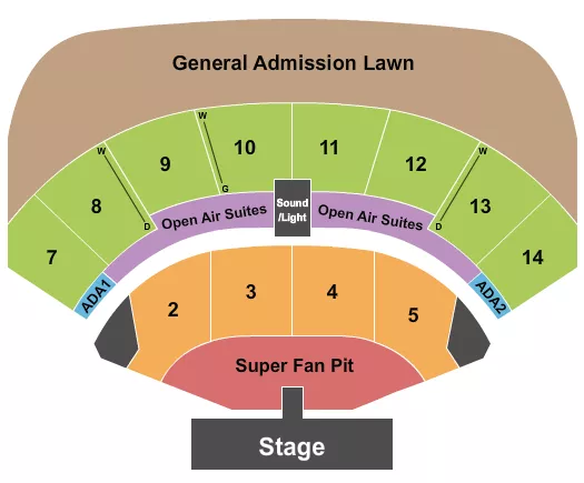 Country Stampede Seating Chart at Azura Amphitheater. The chart shows the main floor/stage with seating options surrounding it, which are color coded