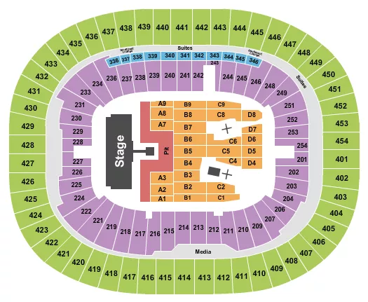 AC/DC 1 Seating Chart at BC Place Stadium. The chart shows the main floor/stage with seating options surrounding it, which are color coded