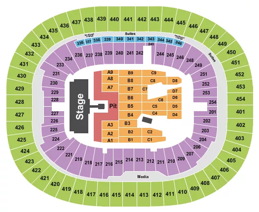 AC/DC 1 Seating Chart at BC Place Stadium. The chart shows the main floor/stage with seating options surrounding it, which are color coded