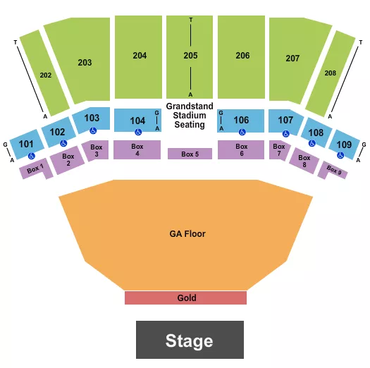 Endstage GA & Gold Floor Seating Chart at BECU Live at Northern Quest Resort & Casino. The chart shows the main floor/stage with seating options surrounding it, which are color coded