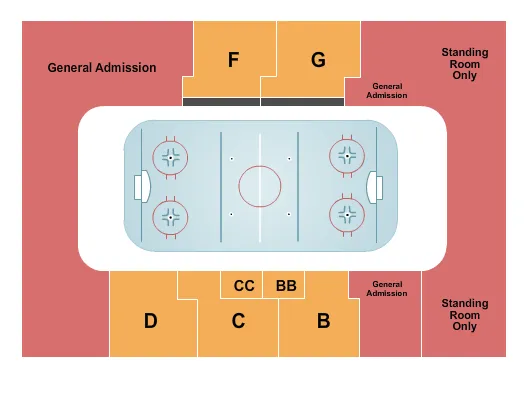 End Stage Seating Chart at Slater Family Ice Arena. The chart shows the main floor/stage with seating options surrounding it, which are color coded