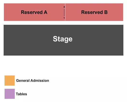 Reserved/GA/Table Seating Chart at BMI Event Center. The chart shows the main floor/stage with seating options surrounding it, which are color coded