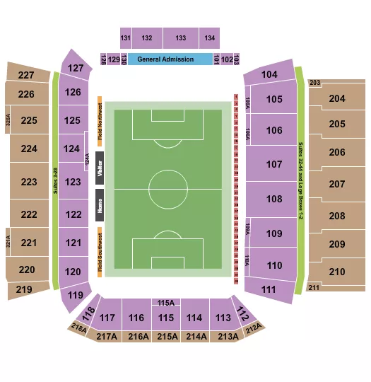 Soccer 2 Seating Chart at BMO Field. The chart shows the main floor/stage with seating options surrounding it, which are color coded