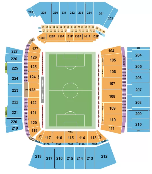 Soccer Legends Seating Chart at BMO Field. The chart shows the main floor/stage with seating options surrounding it, which are color coded
