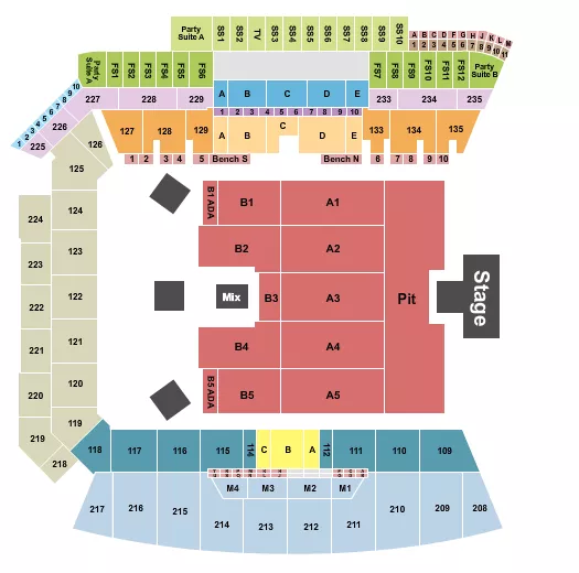 Avenged Sevenfold Seating Chart at BMO Stadium. The chart shows the main floor/stage with seating options surrounding it, which are color coded