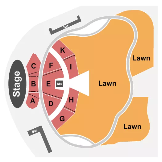 Endstage 2 Seating Chart at Back Waters Stage at Q Casino and Hotel. The chart shows the main floor/stage with seating options surrounding it, which are color coded