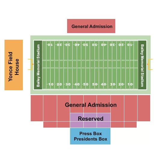 Football Seating Chart at Bailey Memorial Stadium. The chart shows the main floor/stage with seating options surrounding it, which are color coded