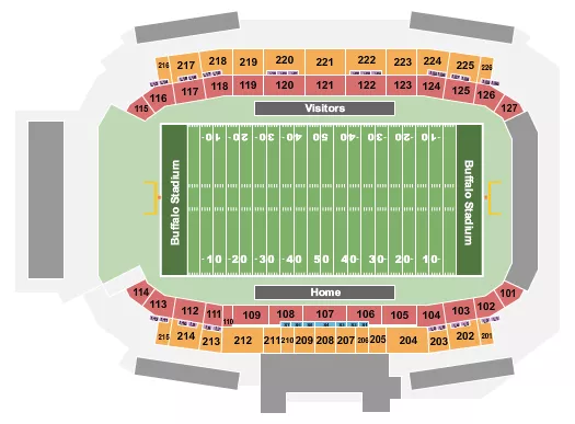 Football Seating Chart at Bain-Schaeffer Buffalo Stadium. The chart shows the main floor/stage with seating options surrounding it, which are color coded