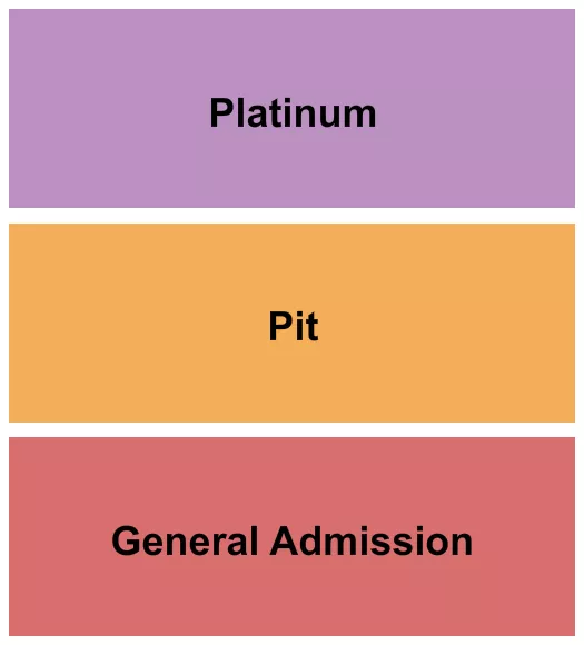 GA/Pit/Platinum Seating Chart at Banita Creek Hall. The chart shows the main floor/stage with seating options surrounding it, which are color coded